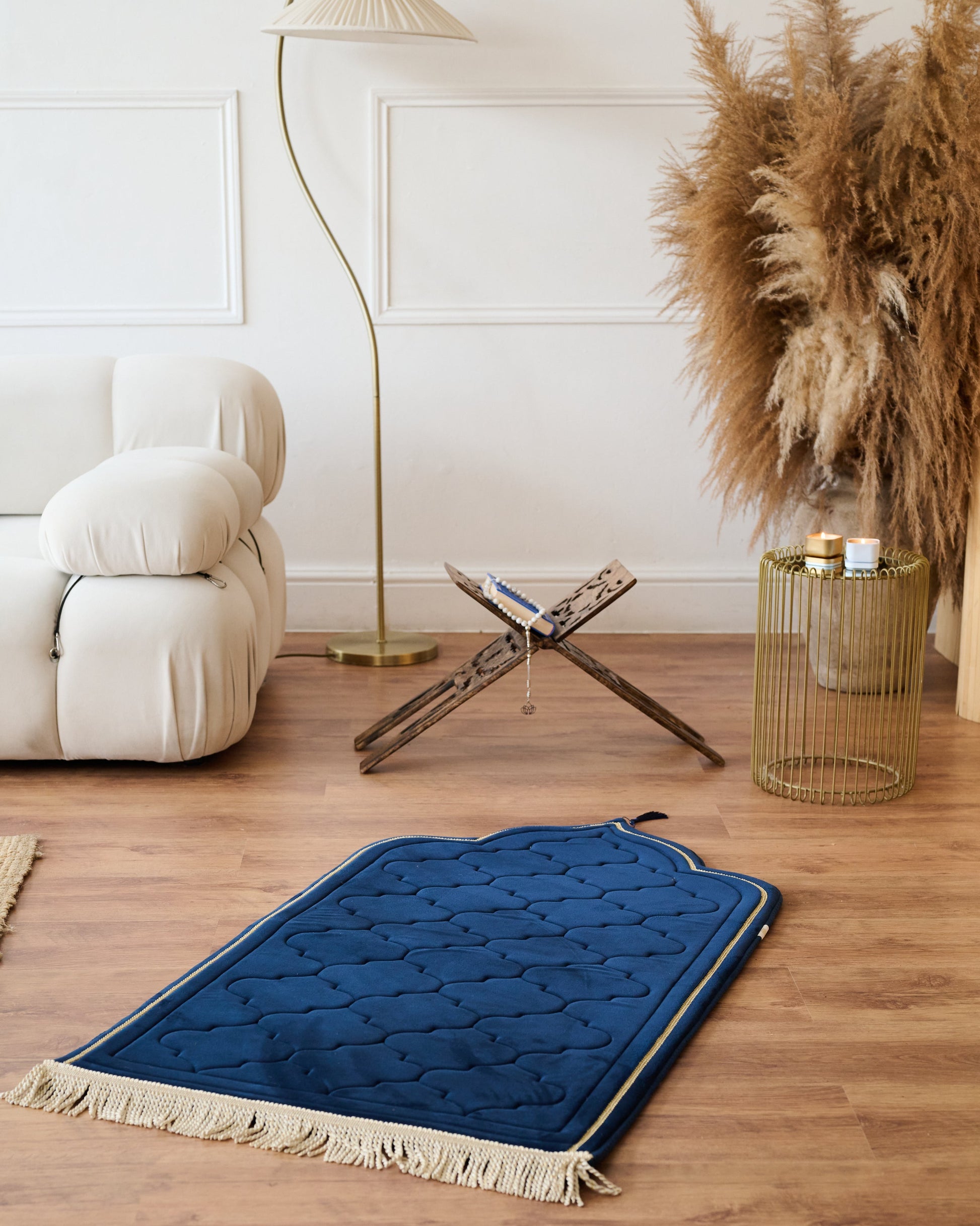 Decorative Memory foam prayer mat padded with geometric pattern on a wooden floor