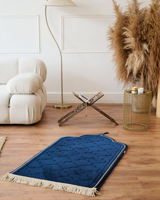 Decorative Memory foam prayer mat padded with geometric pattern on a wooden floor