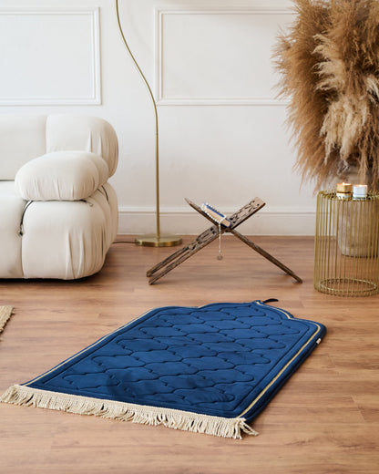 Decorative Memory foam prayer mat padded with geometric pattern on a wooden floor