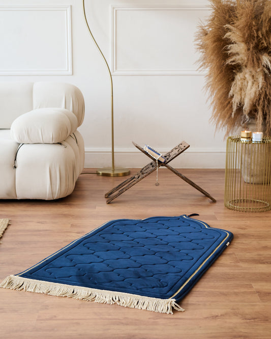Decorative Memory foam prayer mat padded with geometric pattern on a wooden floor