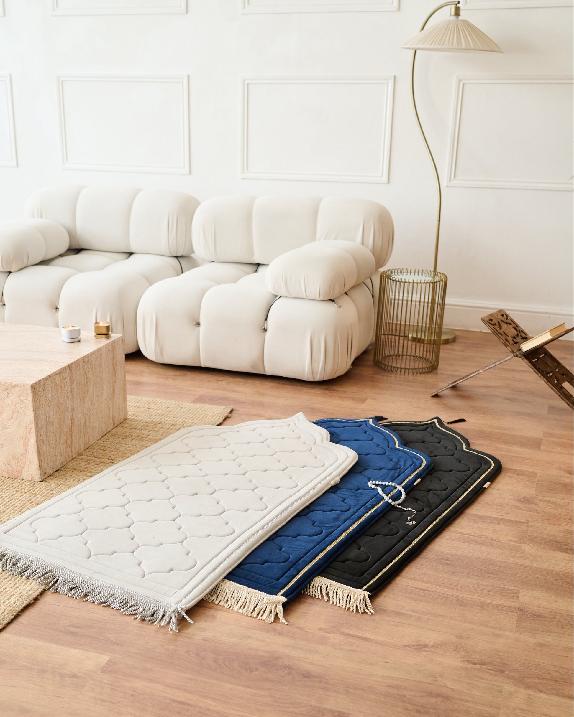 Decorative Memory foam prayer mat padded with geometric pattern on a wooden floor