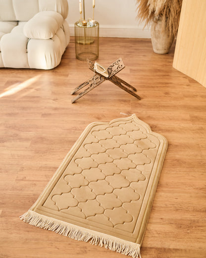 Decorative Memory foam prayer mat padded with geometric pattern on a wooden floor